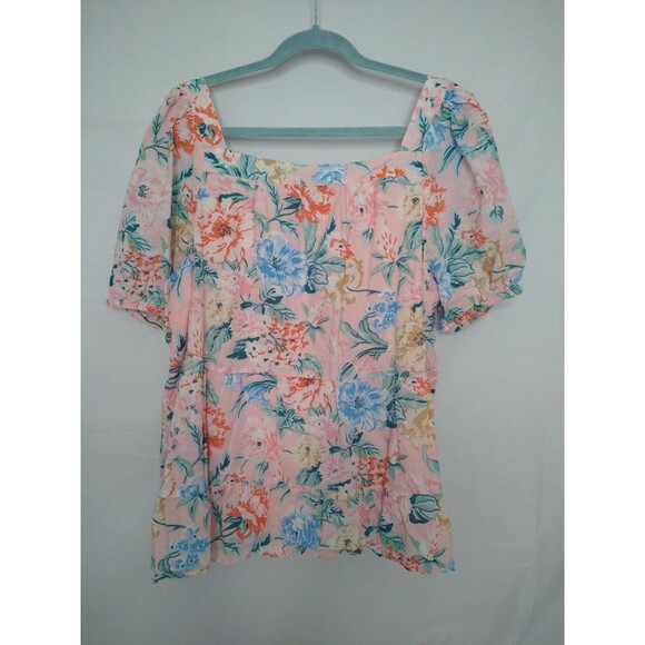 Loft Top XXL Pink Floral Puff Sleeve Popover Blouse Lace Tiered Country Cottage - Picture 2 of 8